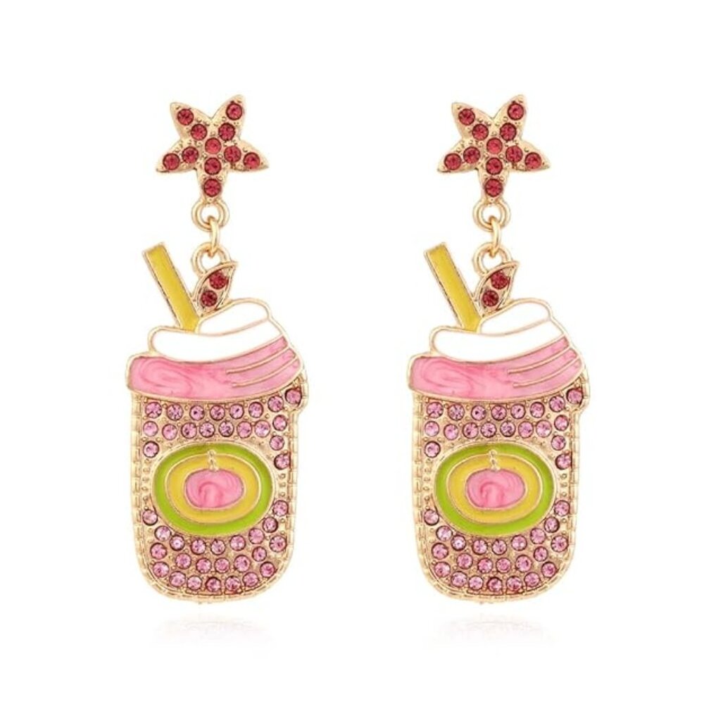 Crystal Rhinestone Boba Bubble Tea Cup Statement Earrings NEW